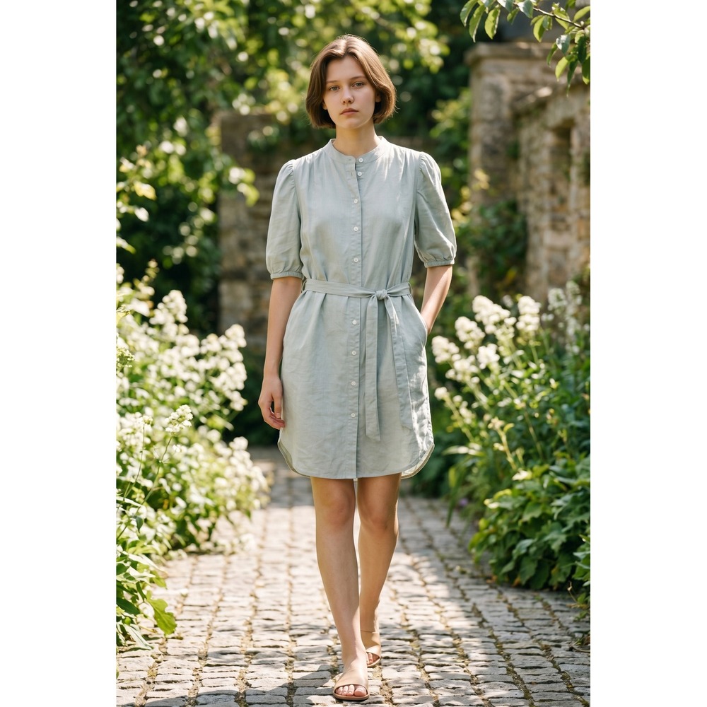 Gap Linen Puff Sleeve Mini Shirtdress Small Petite Frothy Aqua Cottagecore SP24